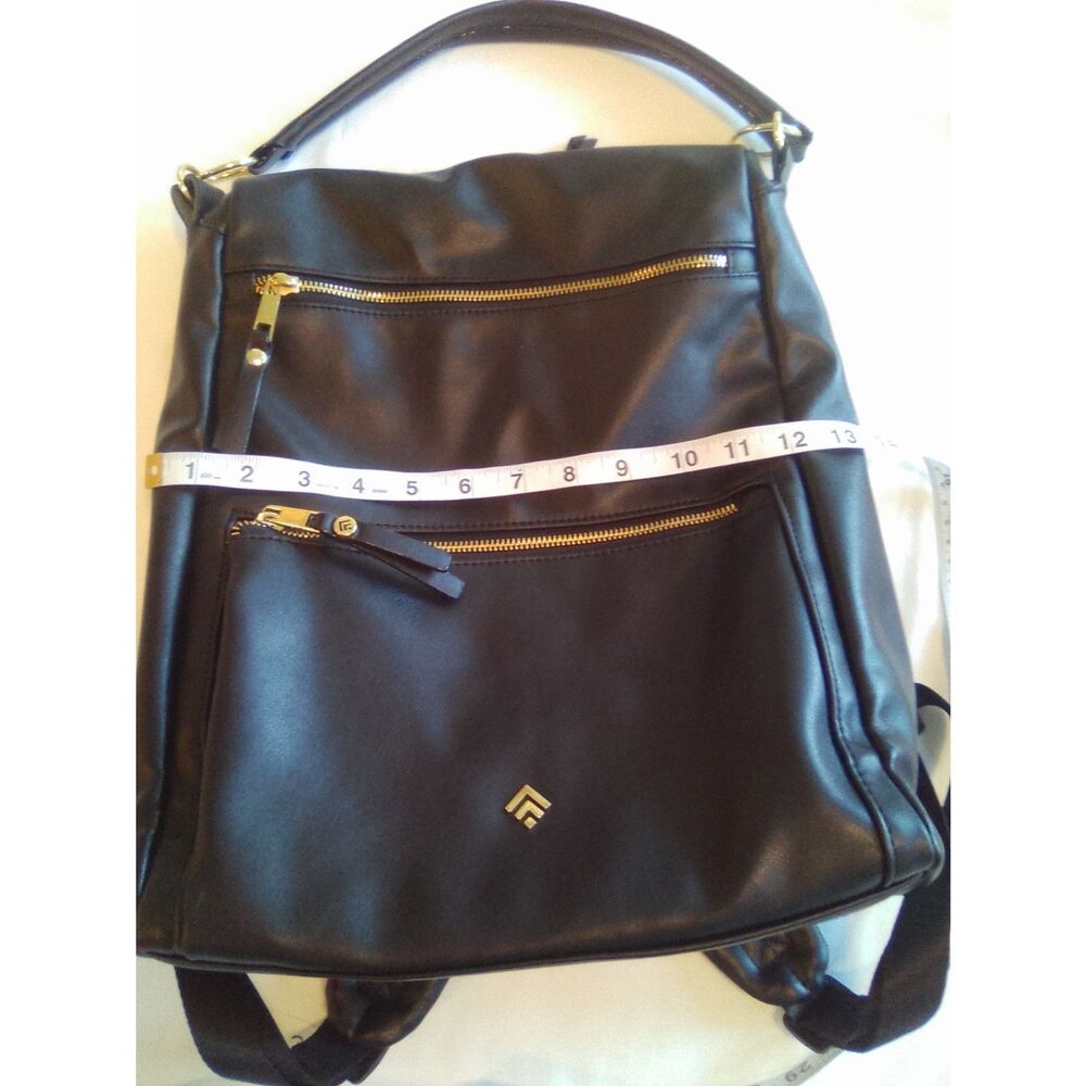 Allencia, black faux leather laptop bag/backpack with gold-tone hardware.